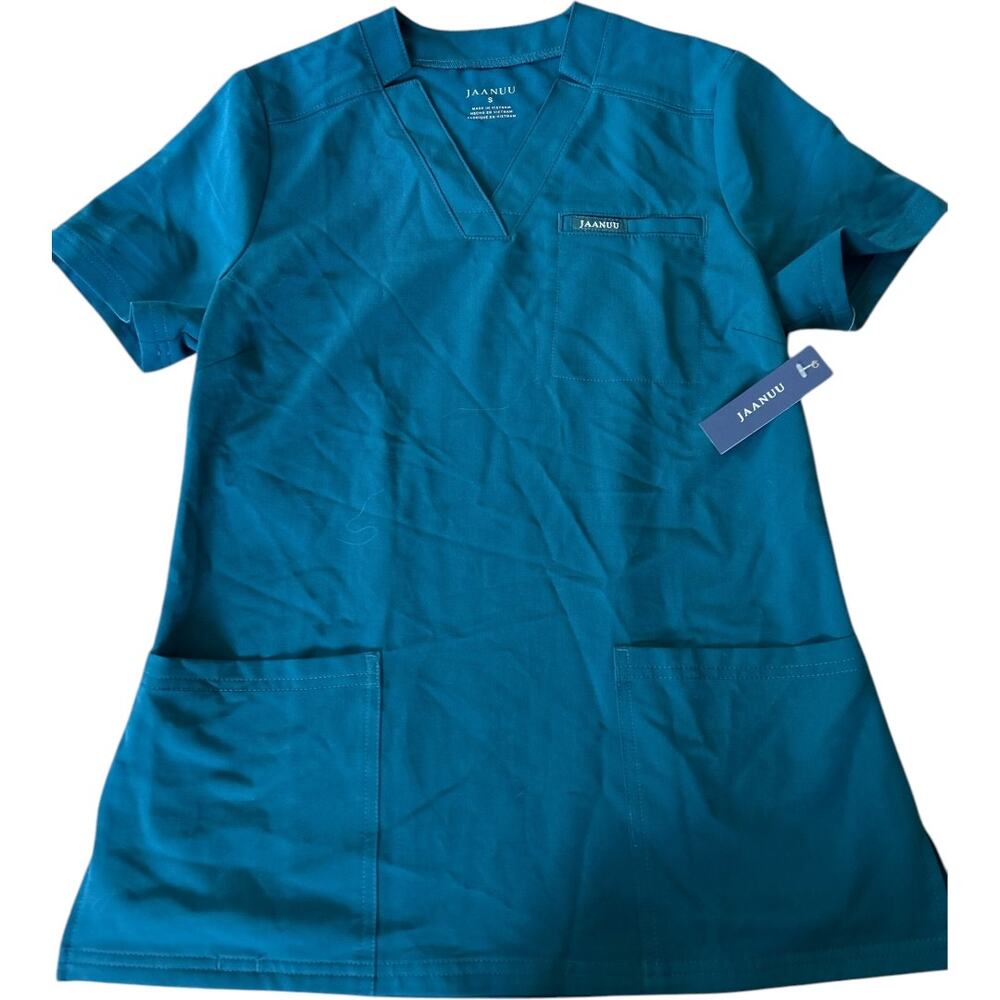 NWT Jaanuu Helia Notch Collar Woven Teal Scrub Top Women’s Small DISCONTINUED